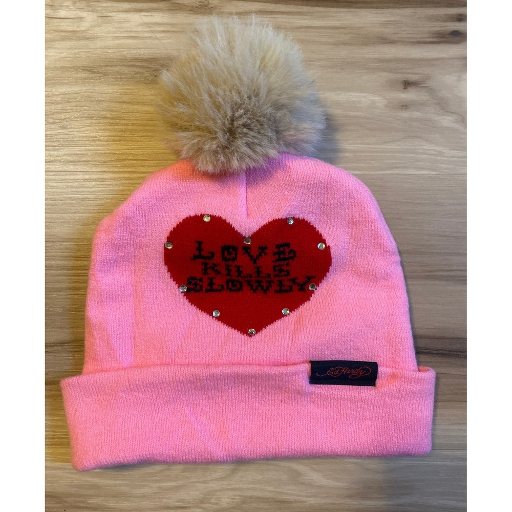 Ed Hardy Pink Love Kills Slowly Heart Rhinestone Pom Pom Beanie Hat RN164342